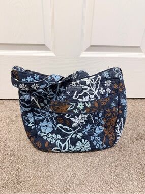 Vera Bradley Navy Floral Quilted Shoulder Bag with Light Blue & Brown Accents